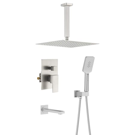 Kibi Cube Pressure Balanced Ceiling Mounted 3-Function Shower System w Rough In Valve - Brushed Nickel KSF413BN